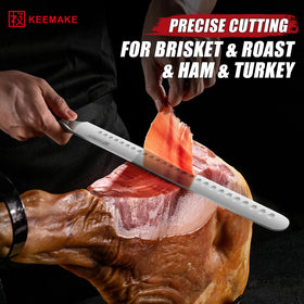 KEEMAKE slicing knife with granton edge for smooth cuts.