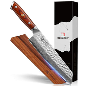 KEEMAKE Kiritsuke knife with 67-layer Damascus and hammered finish reduces sticking during slicing.