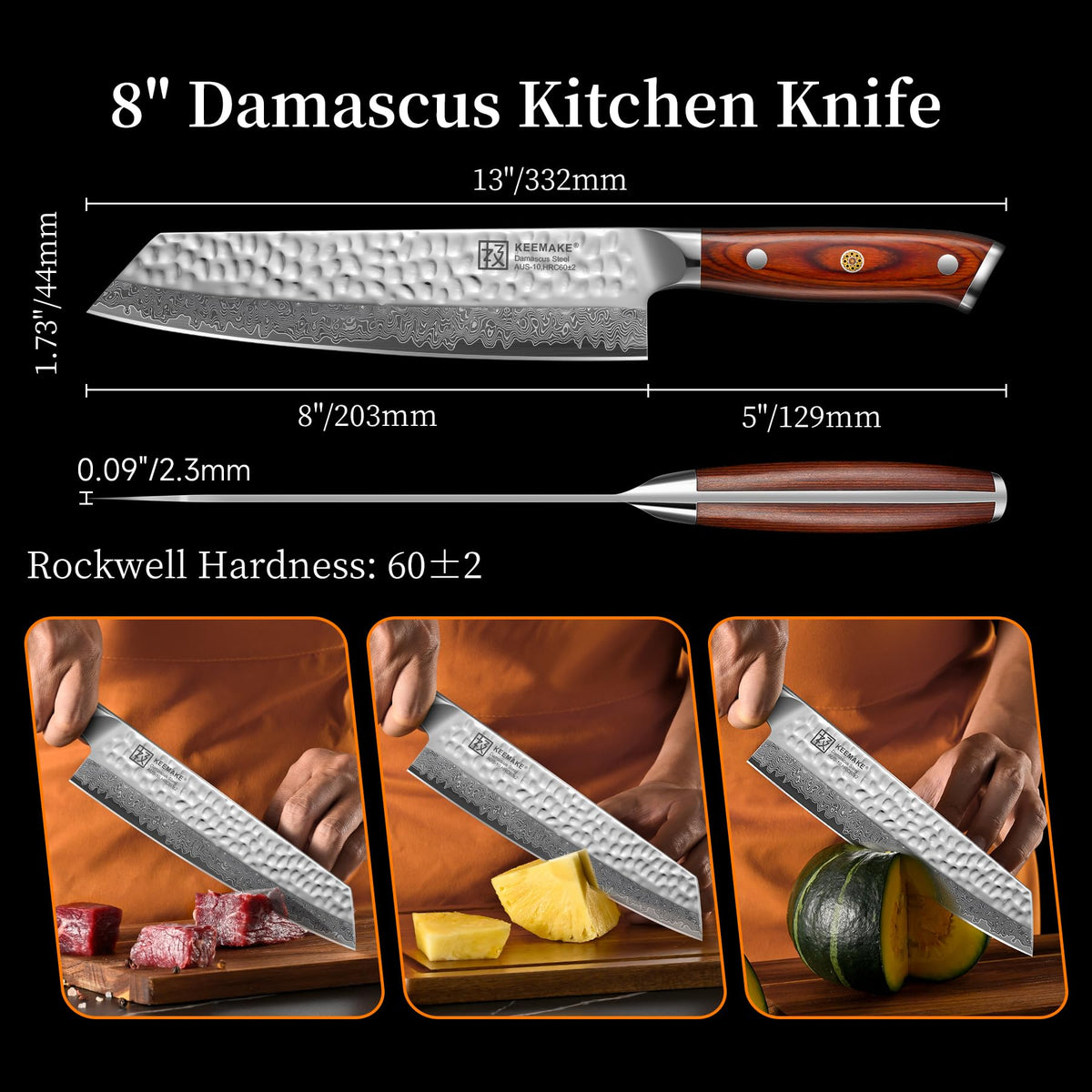 Versatile kiritsuke shape handles vegetables to fish prep with smooth transitions.