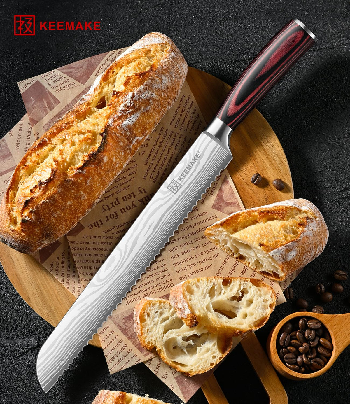 KEEMAKE offset handle design provides knuckle clearance during slicing.