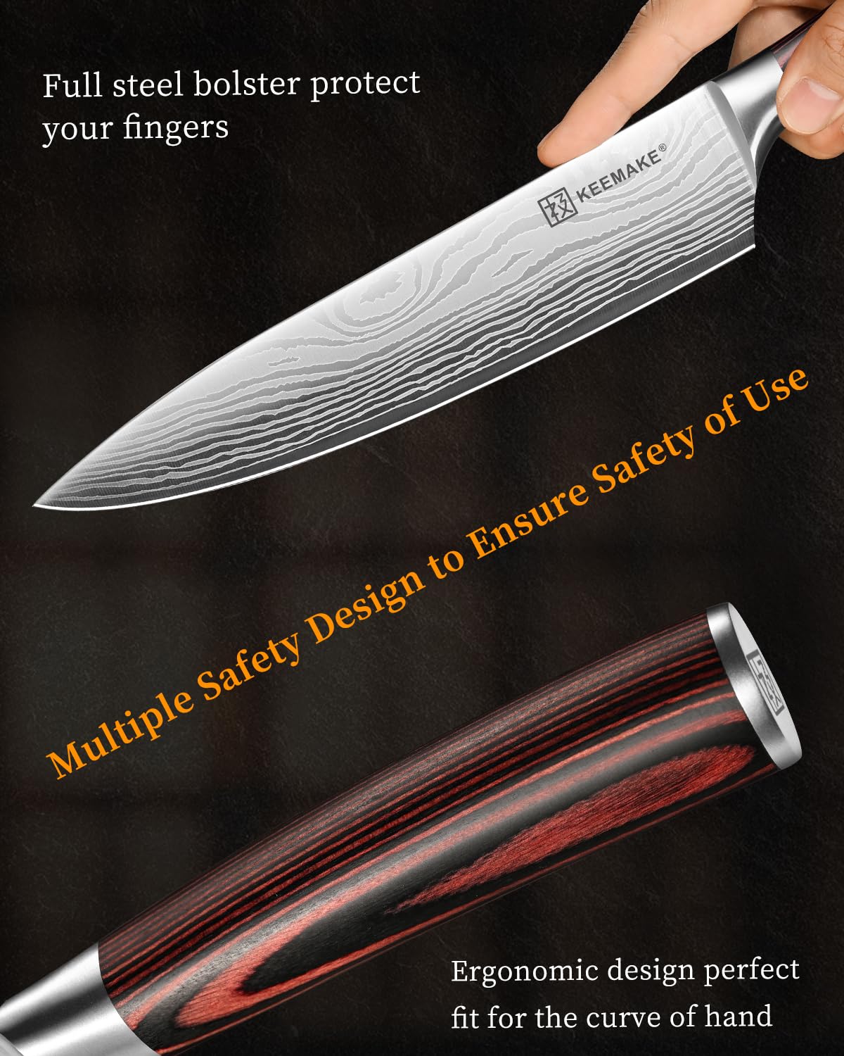 KEEMAKE ergonomic pakkawood handle supports comfortable grip even when wet