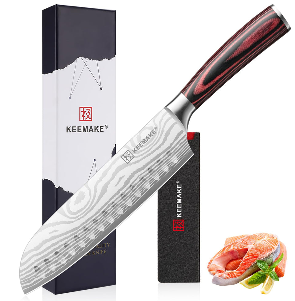 KEEMAKE Santoku knife 7inch blade close-up for clean, precise cuts.