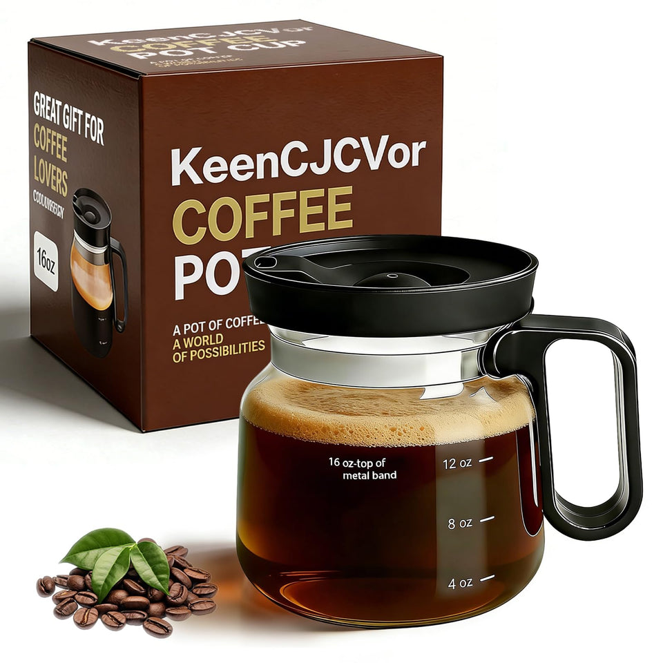 KeenCJCVor 16oz glass mini coffee pot mug front view, spill-proof lid for travel