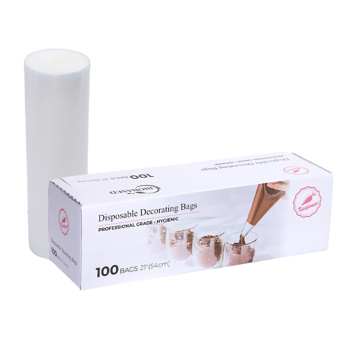 Keenpioneer 21-inch biobased disposable piping bags in a dispenser box for tidy decorating.