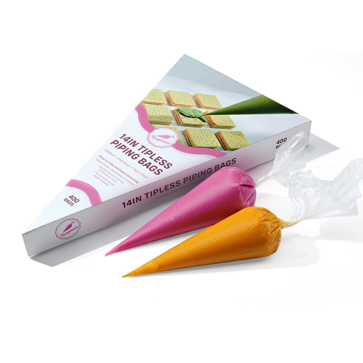 Keenpioneer 14-inch disposable piping bags in a dispenser box for quick decorating access.