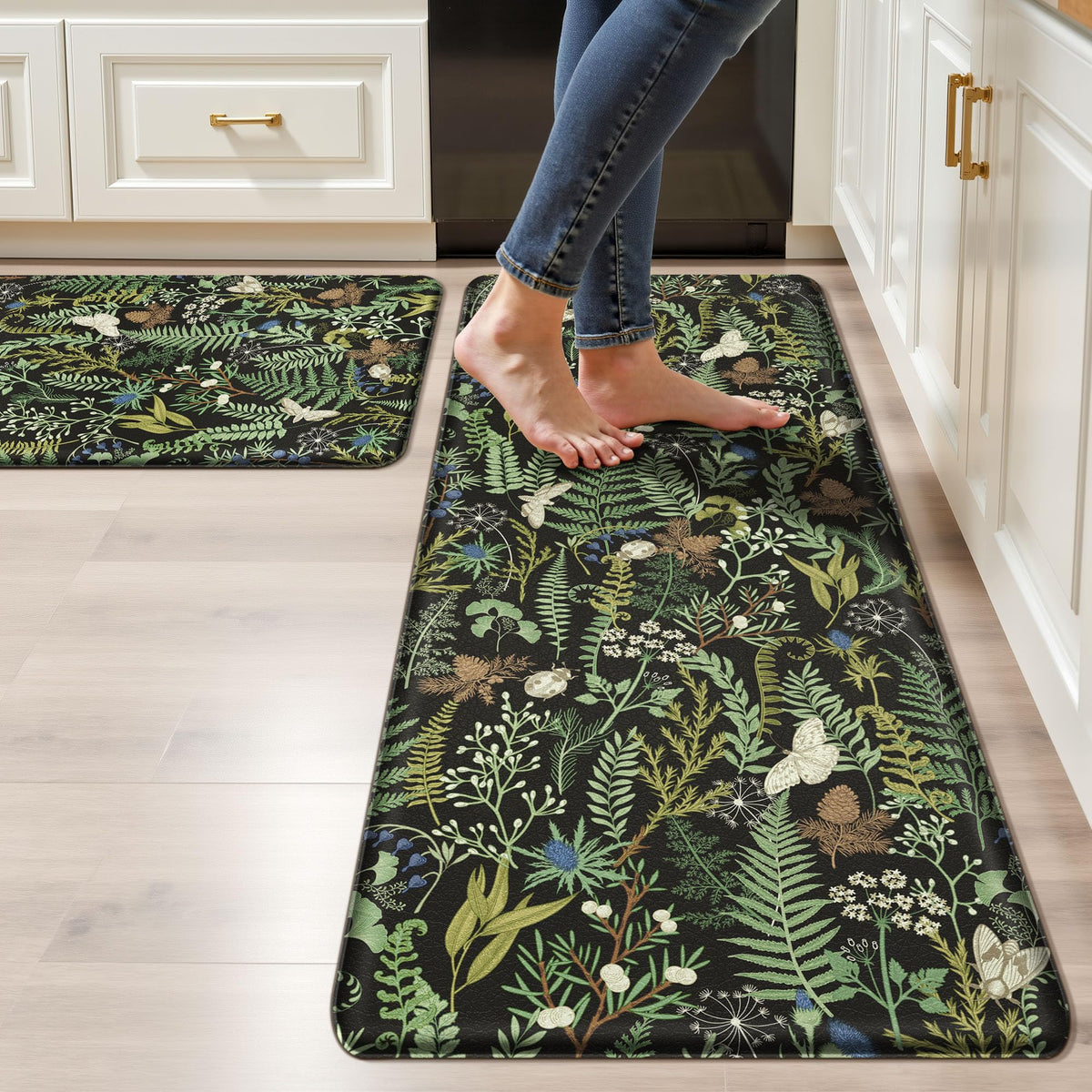 Keensoft botanical kitchen rug front view adds stylish leaf decor and soft padding.