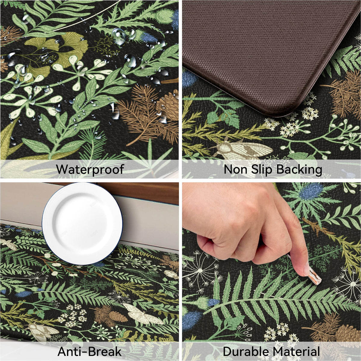 Keensoft botanical kitchen rug non-slip backing keeps mat stable on smooth floors.