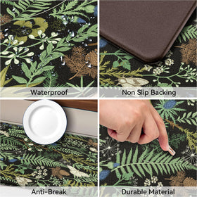Keensoft botanical kitchen rug non-slip backing keeps mat stable on smooth floors.
