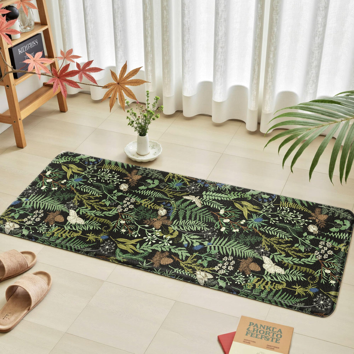 Keensoft botanical kitchen rug texture detail highlights embossed plant pattern and durable surface.