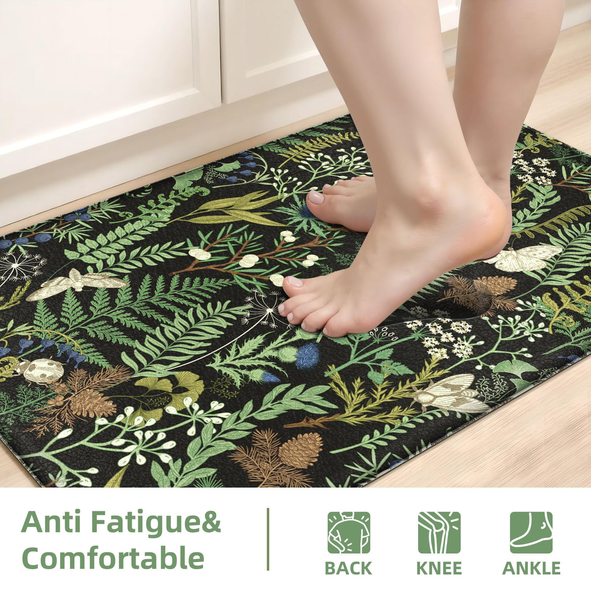 Keensoft botanical kitchen rug waterproof PVC material resists spills for easy cleanup.