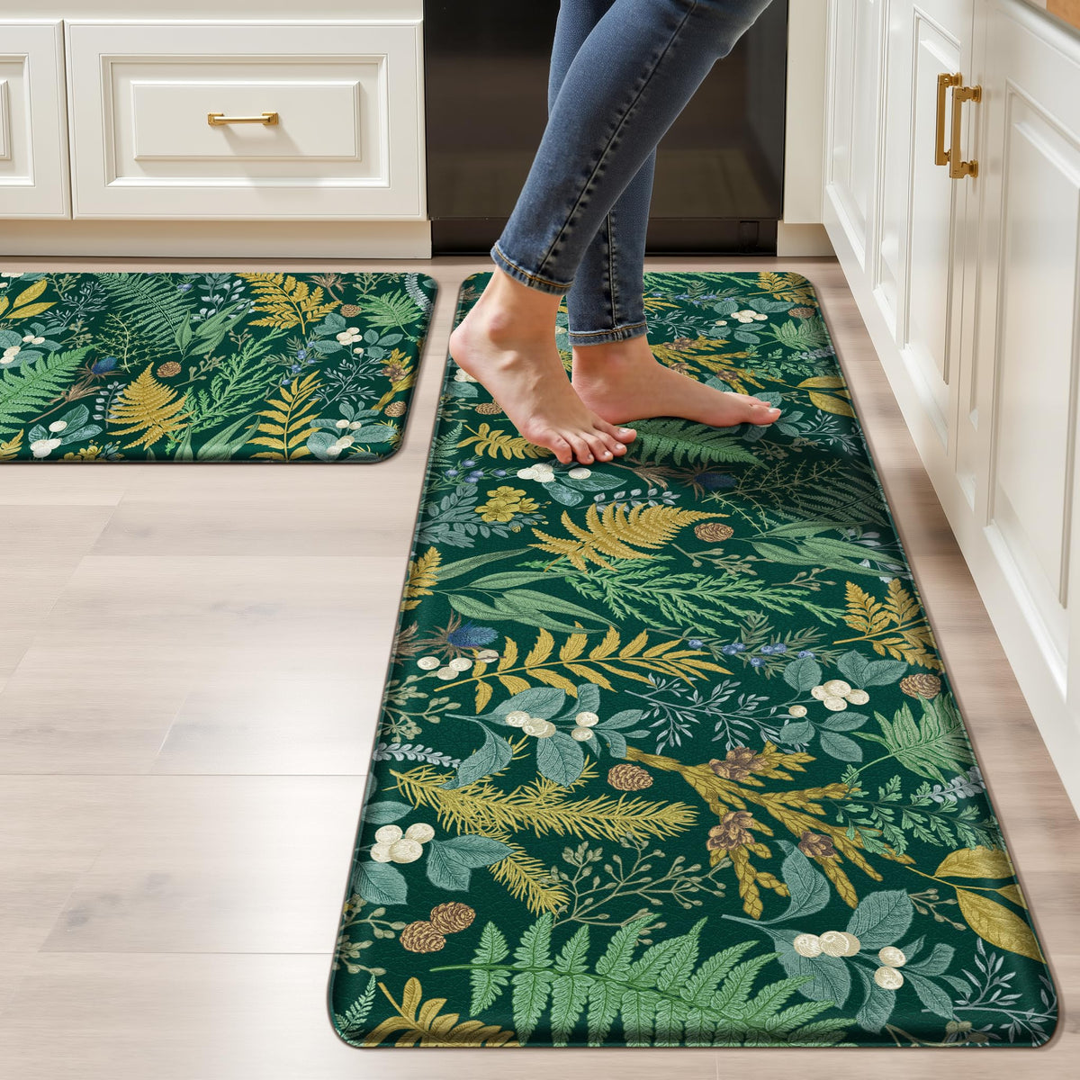 Keensoft dark-green botanical kitchen rug 17x28 cushions standing tasks.