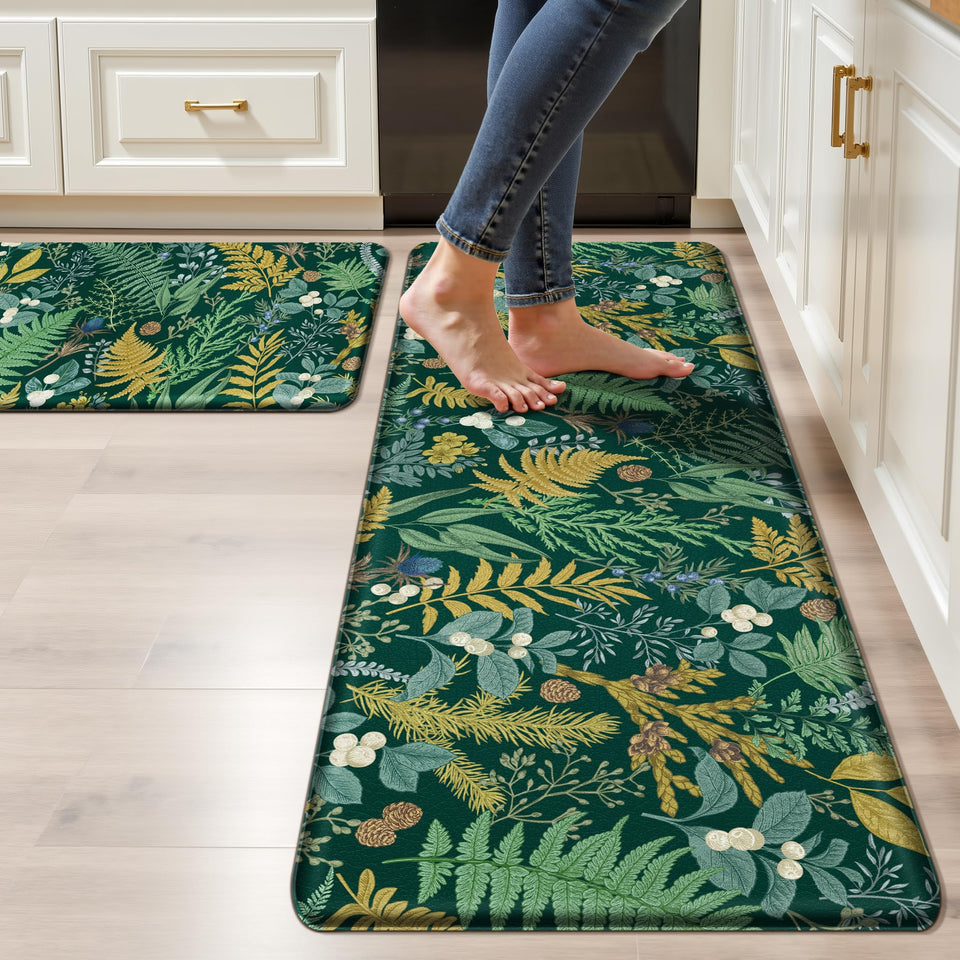 Keensoft dark-green botanical kitchen rug 17x28 cushions standing tasks.
