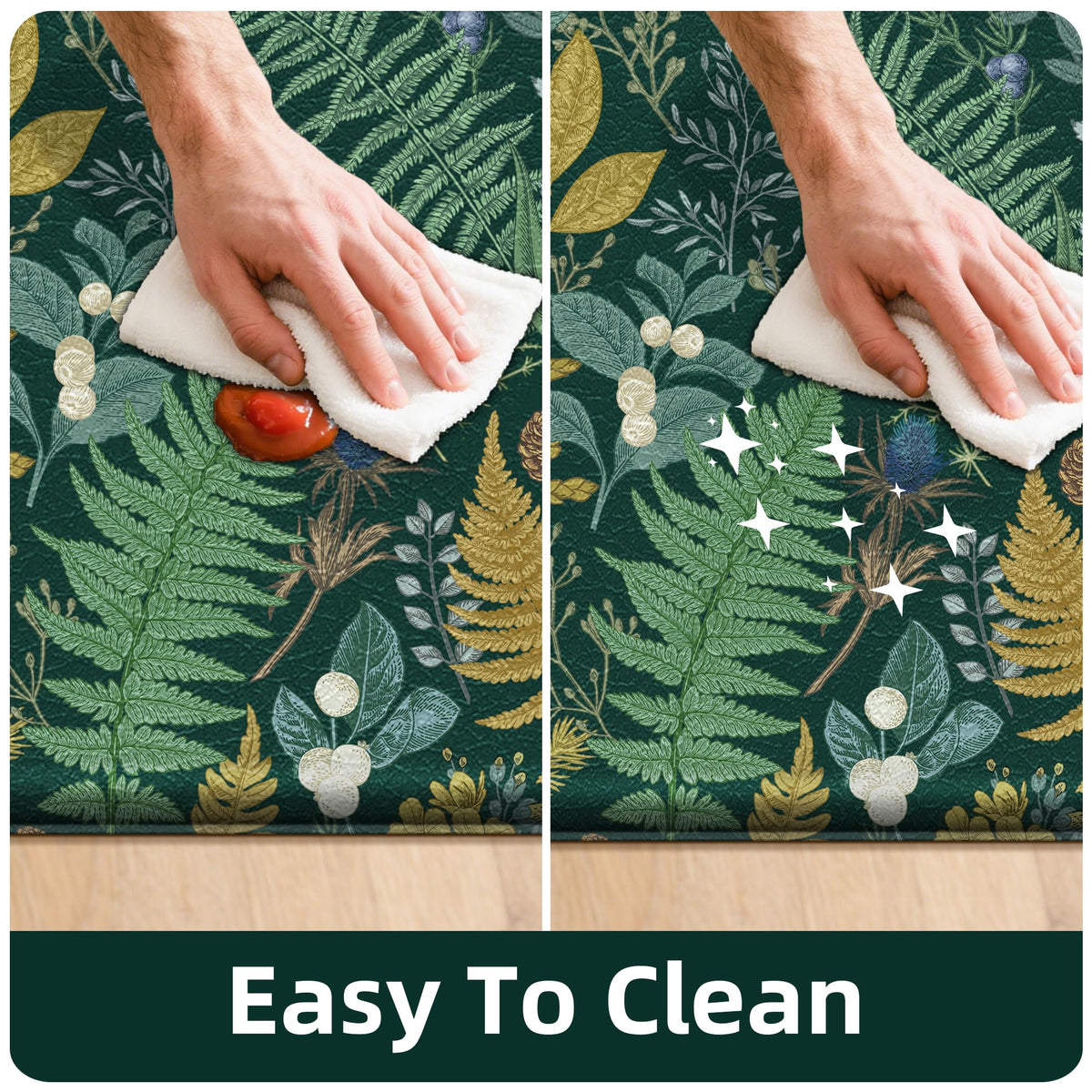 Keensoft easy-clean kitchen rug wipes clean quickly.