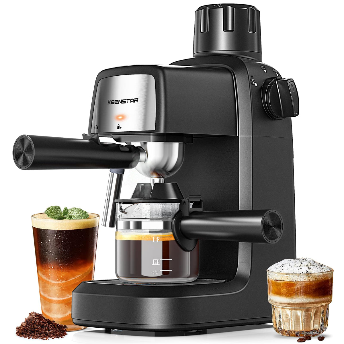 KEENSTAR 3.5Bar espresso machine front view showing compact design for small kitchens.
