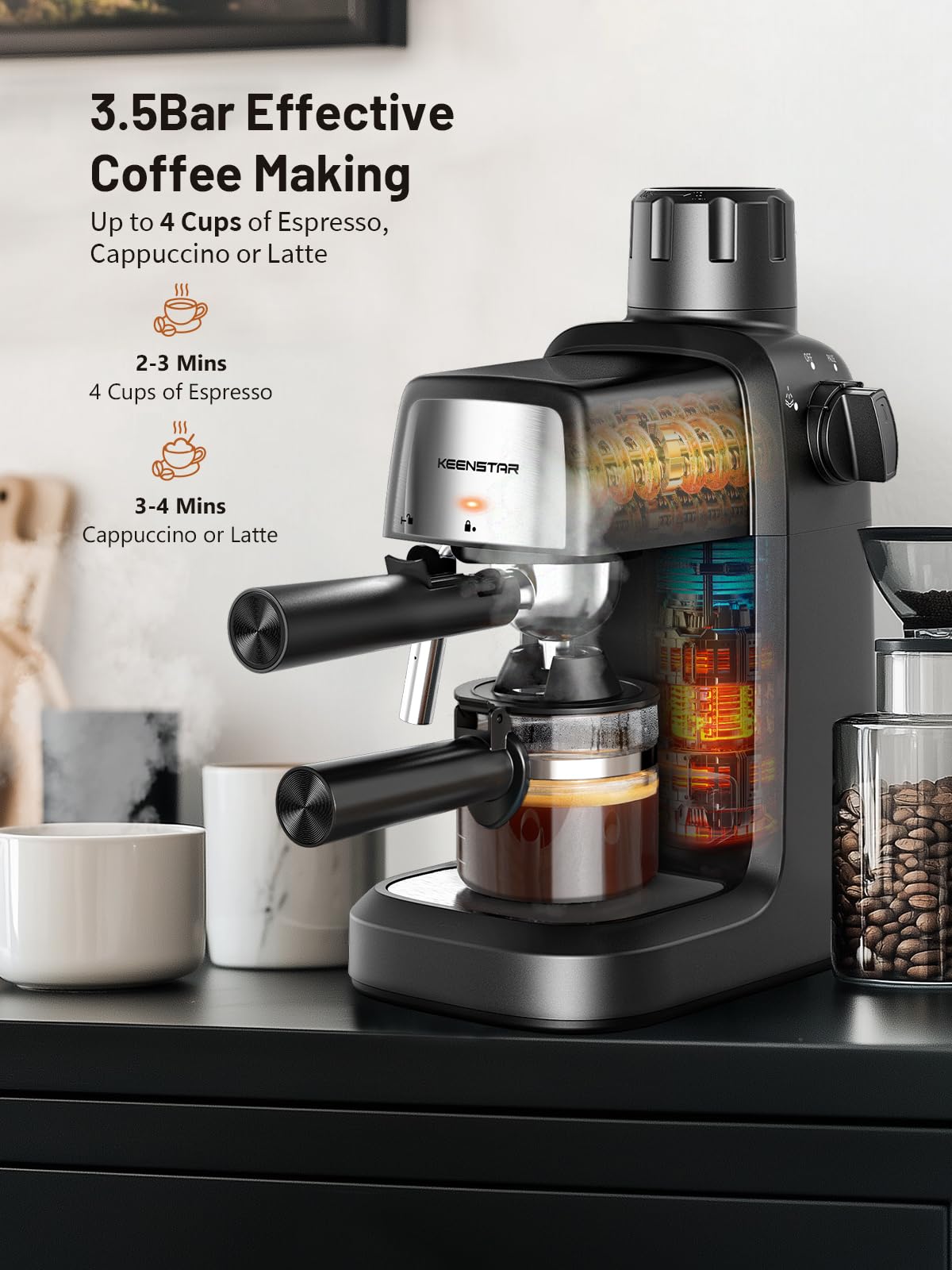 KEENSTAR 3.5Bar espresso machine with milk frother highlighting built-in frothing for cappuccinos.