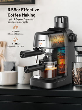 KEENSTAR 3.5Bar espresso machine with milk frother highlighting built-in frothing for cappuccinos.