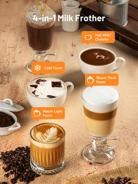 KEENSTAR 4-in-1 frother makes cold foam, warm foam, or heated milk.