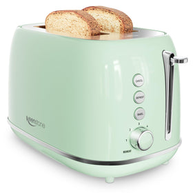 Keenstone 2-slice toaster front view in retro green with even browning benefits