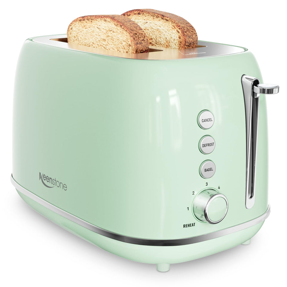 Keenstone 2-slice toaster front view in retro green with even browning benefits