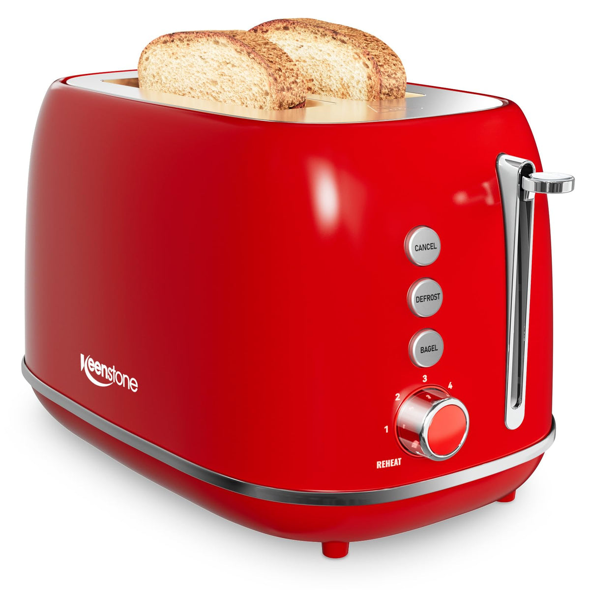 Keenstone 2-slice toaster front view in retro red with even browning