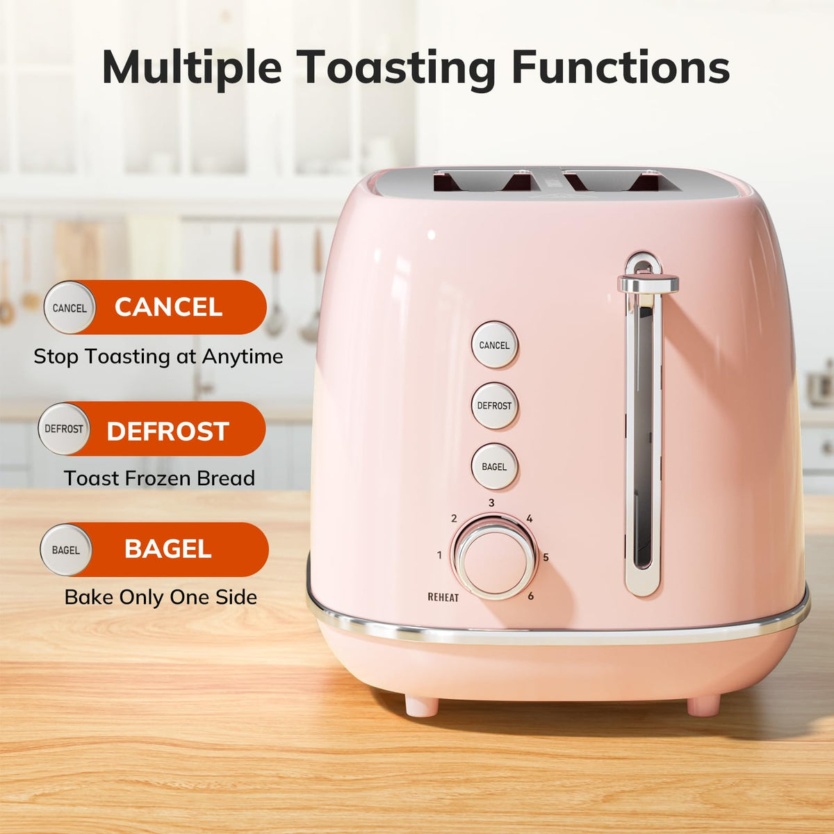 Keenstone retro pink toaster control panel highlighting browning dial.