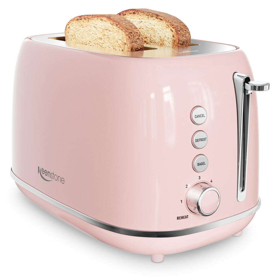 Keenstone 2-Slice Toaster retro pink front view for quick, even toasting.