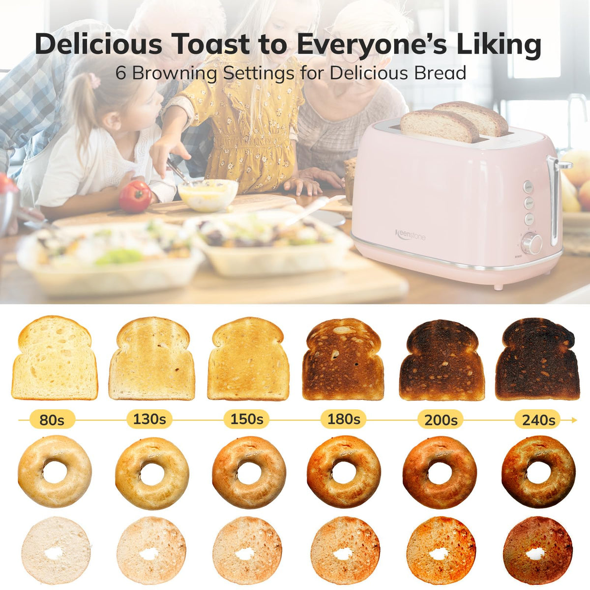 Keenstone pink toaster with wide slot open showing bread fit for bagels.