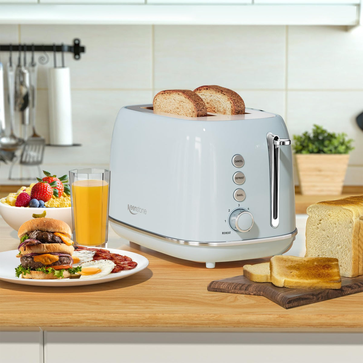 Keenstone Retro 2-Slice Toaster blue finish on kitchen counter