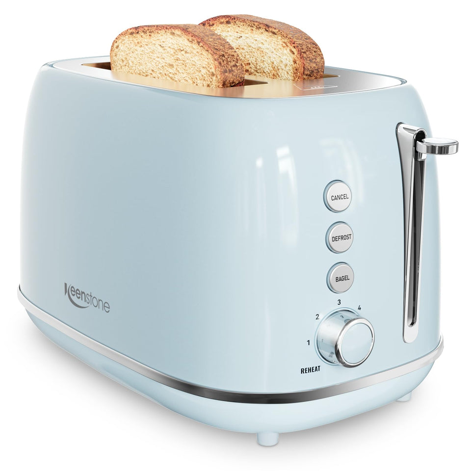 Keenstone Retro 2-Slice Toaster front view with blue finish for quick browning