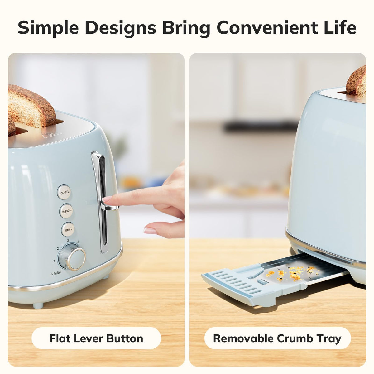 Keenstone Retro 2-Slice Toaster removable crumb tray for easy cleaning