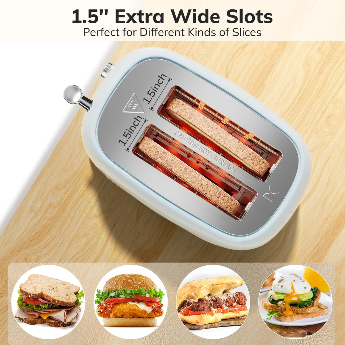 Keenstone Retro 2-Slice Toaster slot detail showing extra-wide slots for thick slices