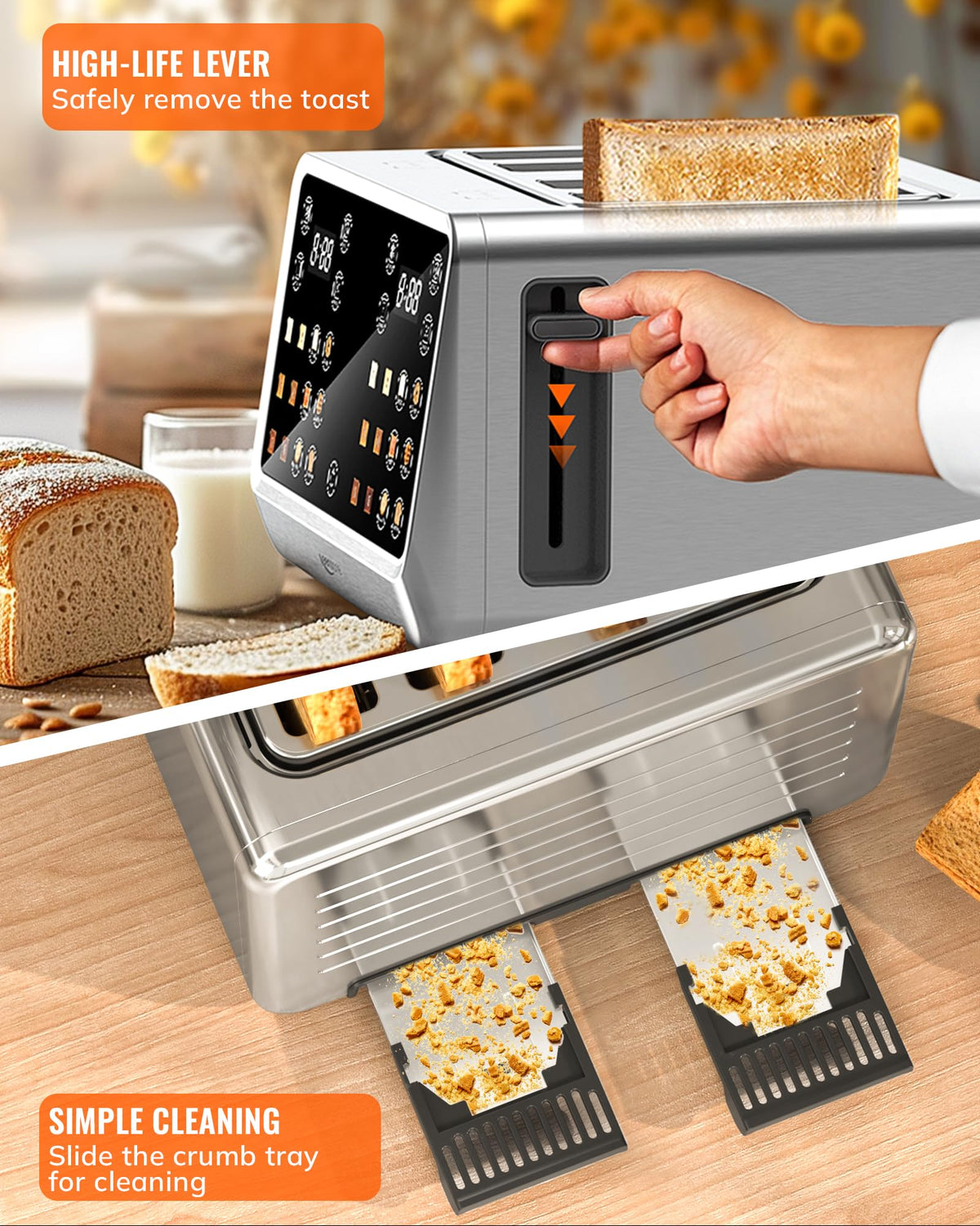 Keenstone stainless steel interior with removable crumb tray for easy cleaning