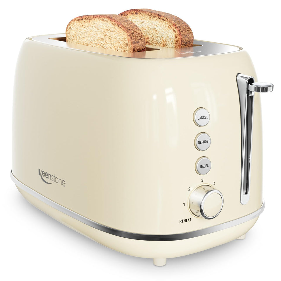Keenstone 2-Slice Beige Toaster with bagel function for one-sided browning.