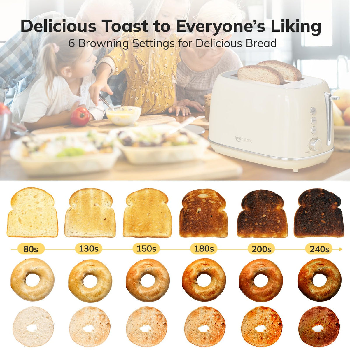 Keenstone 2-Slice Beige Toaster with cancel setting for precise control.