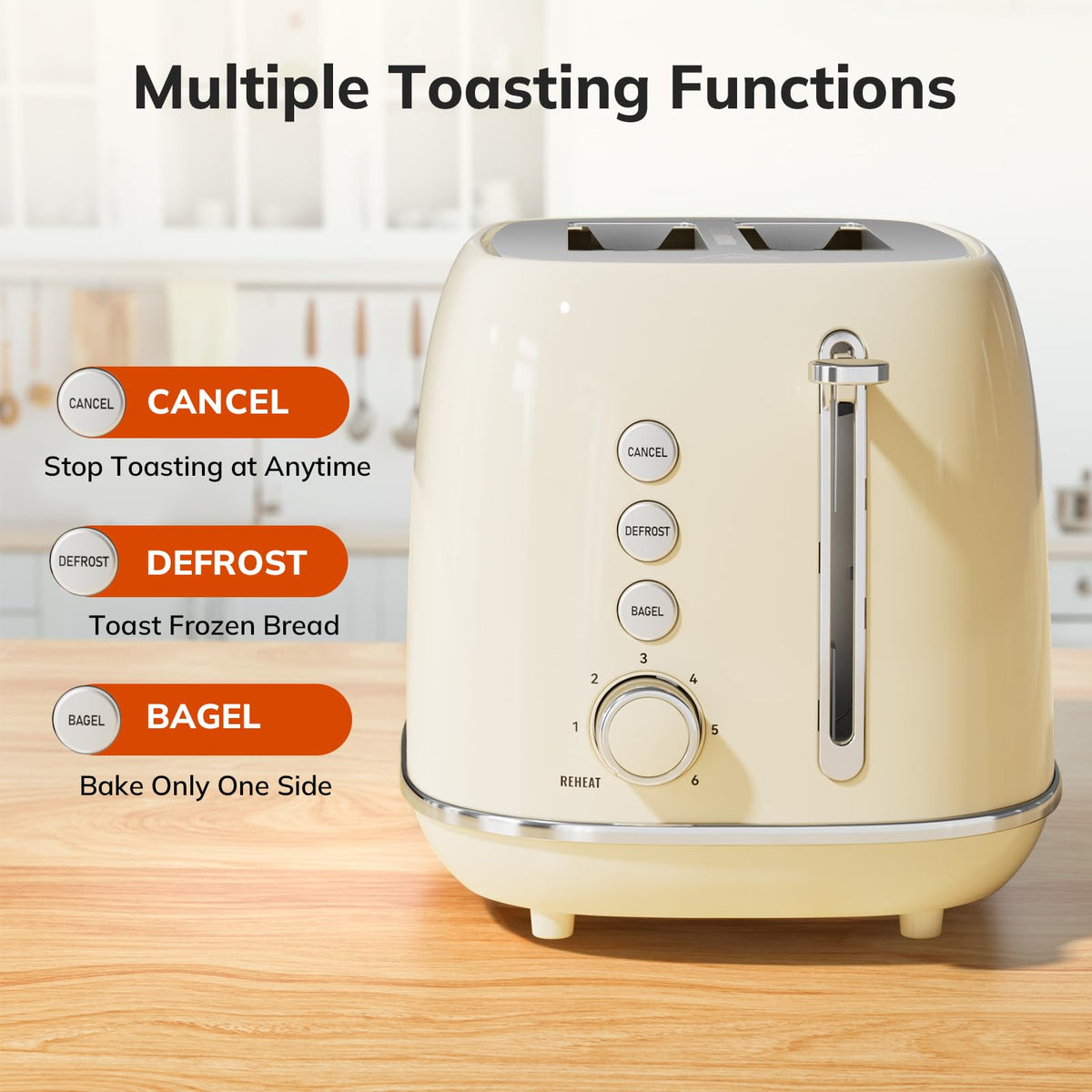 Keenstone beige toaster using defrost mode to soften frozen bread.