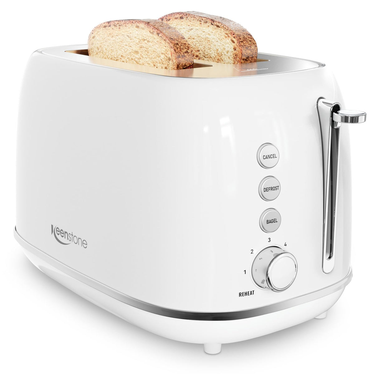 Keenstone 2-slice wide-slot toaster for even browning on thick bread.