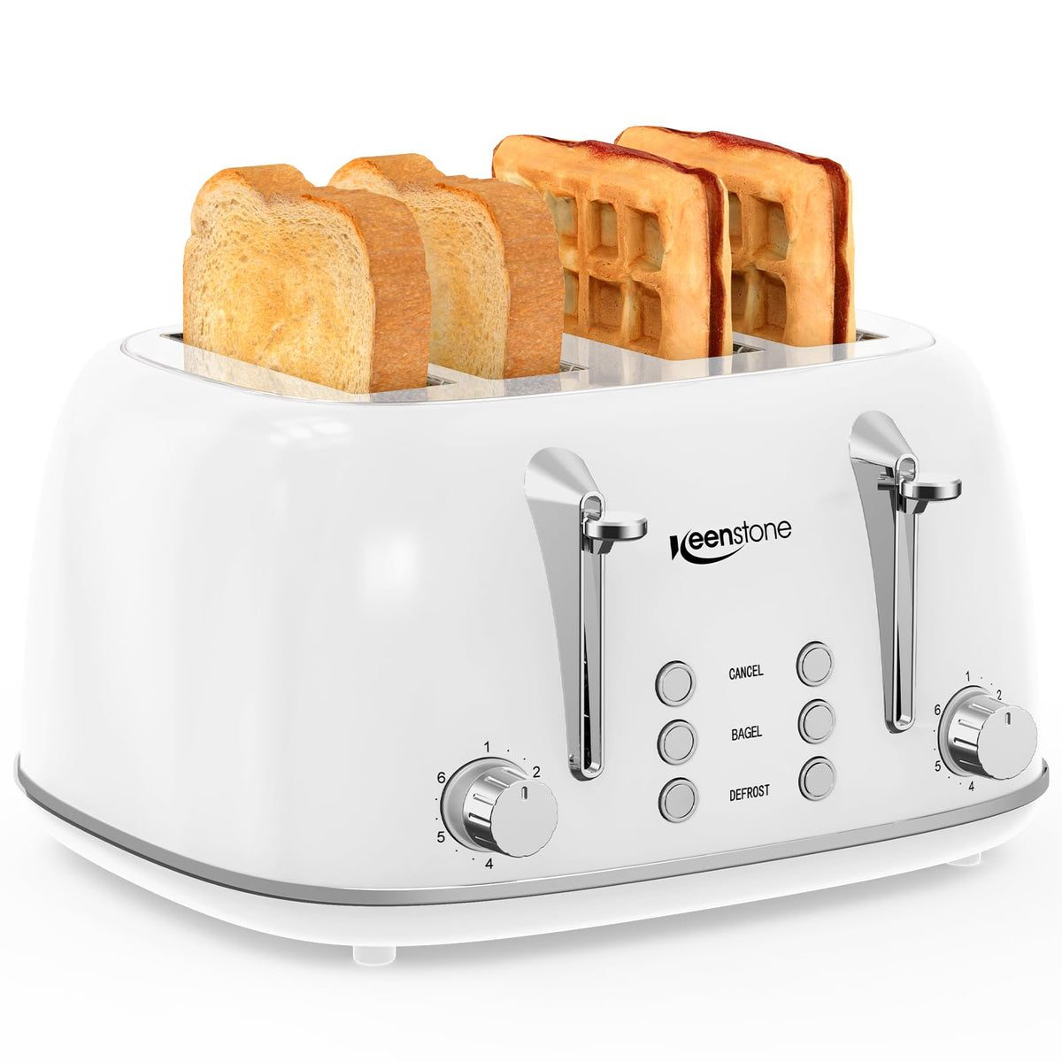 Keenstone four-slice toaster with wide slots for thick bagels and artisan bread.