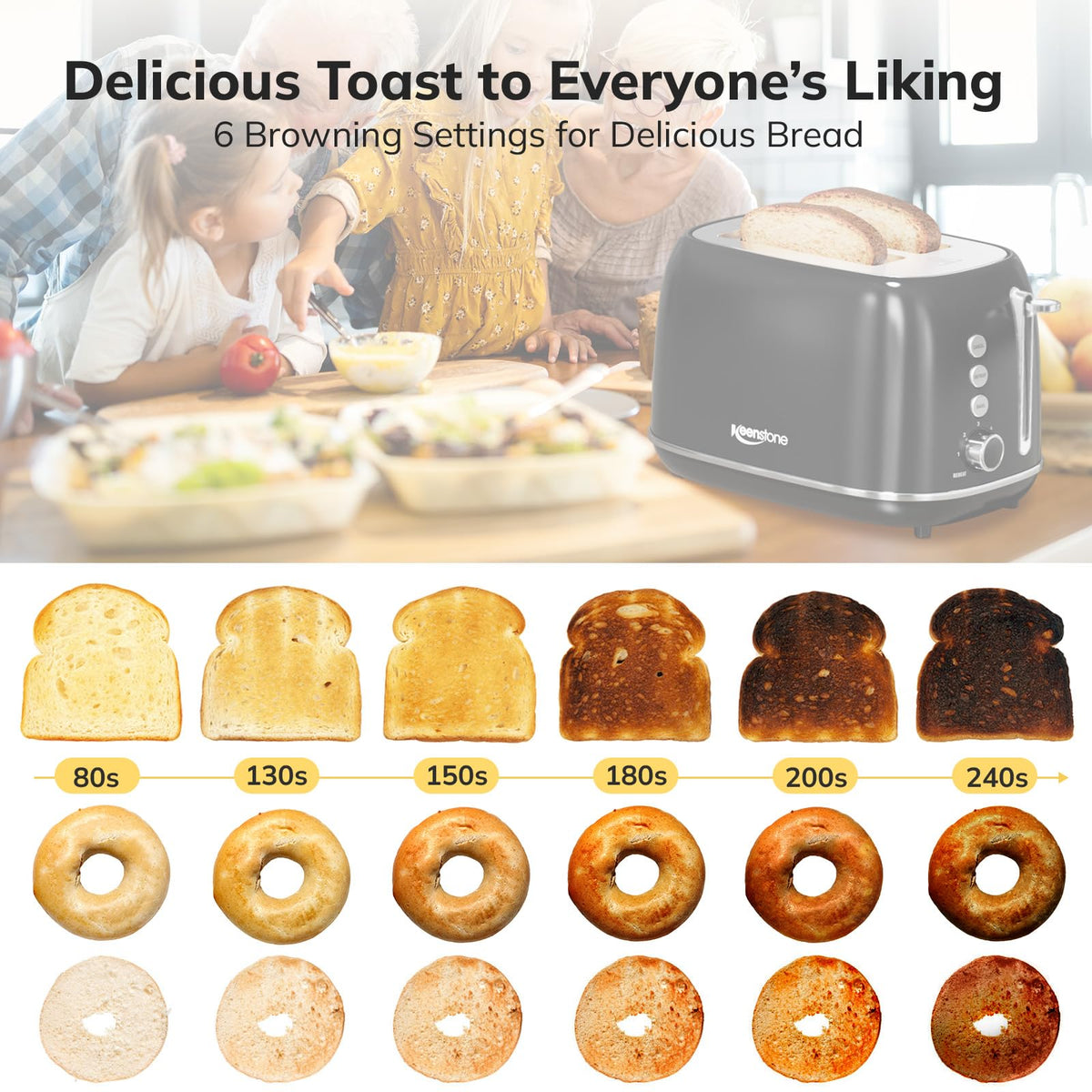 Keenstone toaster 6 browning settings dial for precise toasting control.