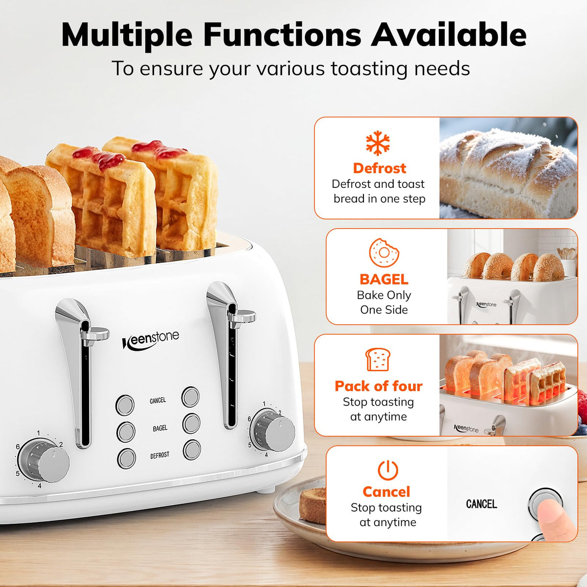 Keenstone toaster bagel function toasts one side for perfect bagels.