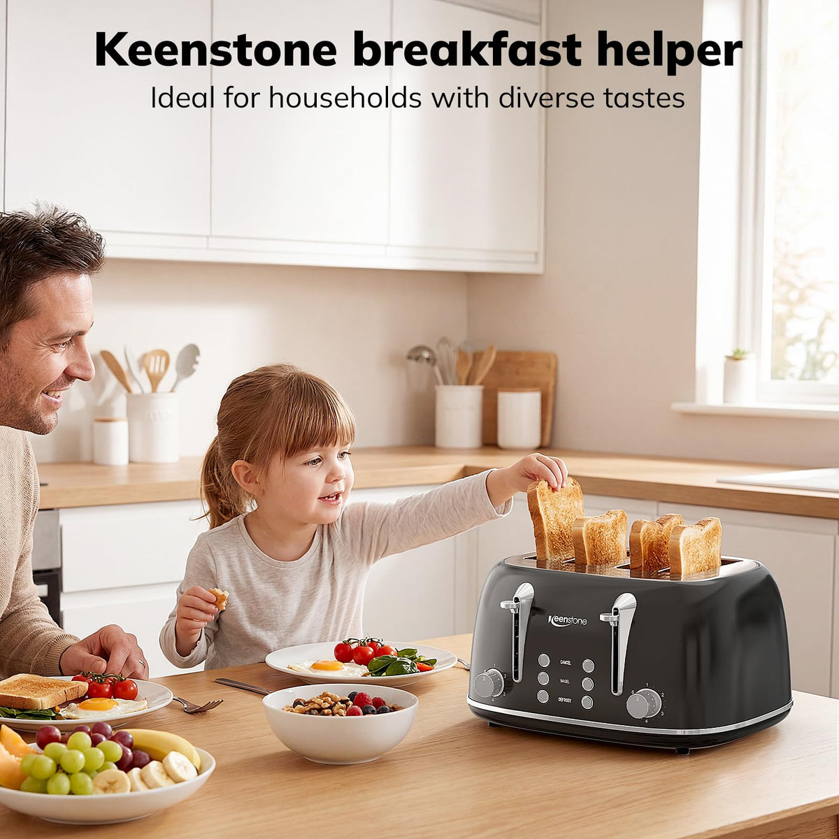 Keenstone toaster with cord storage and non-slip feet for stability.