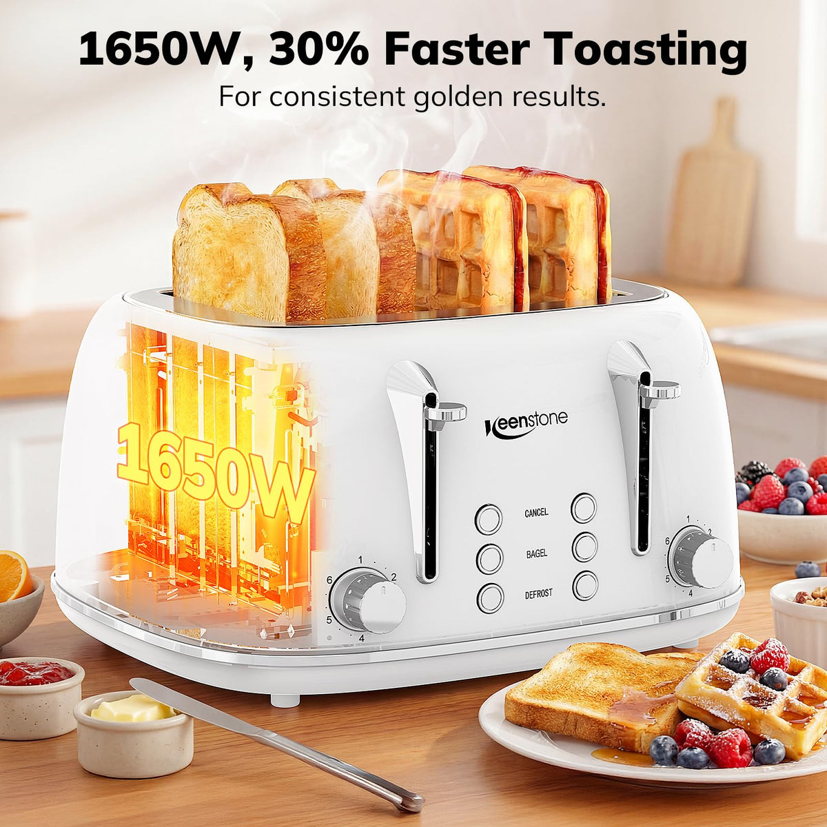 Keenstone defrost function evenly thaws frozen bread before toasting.
