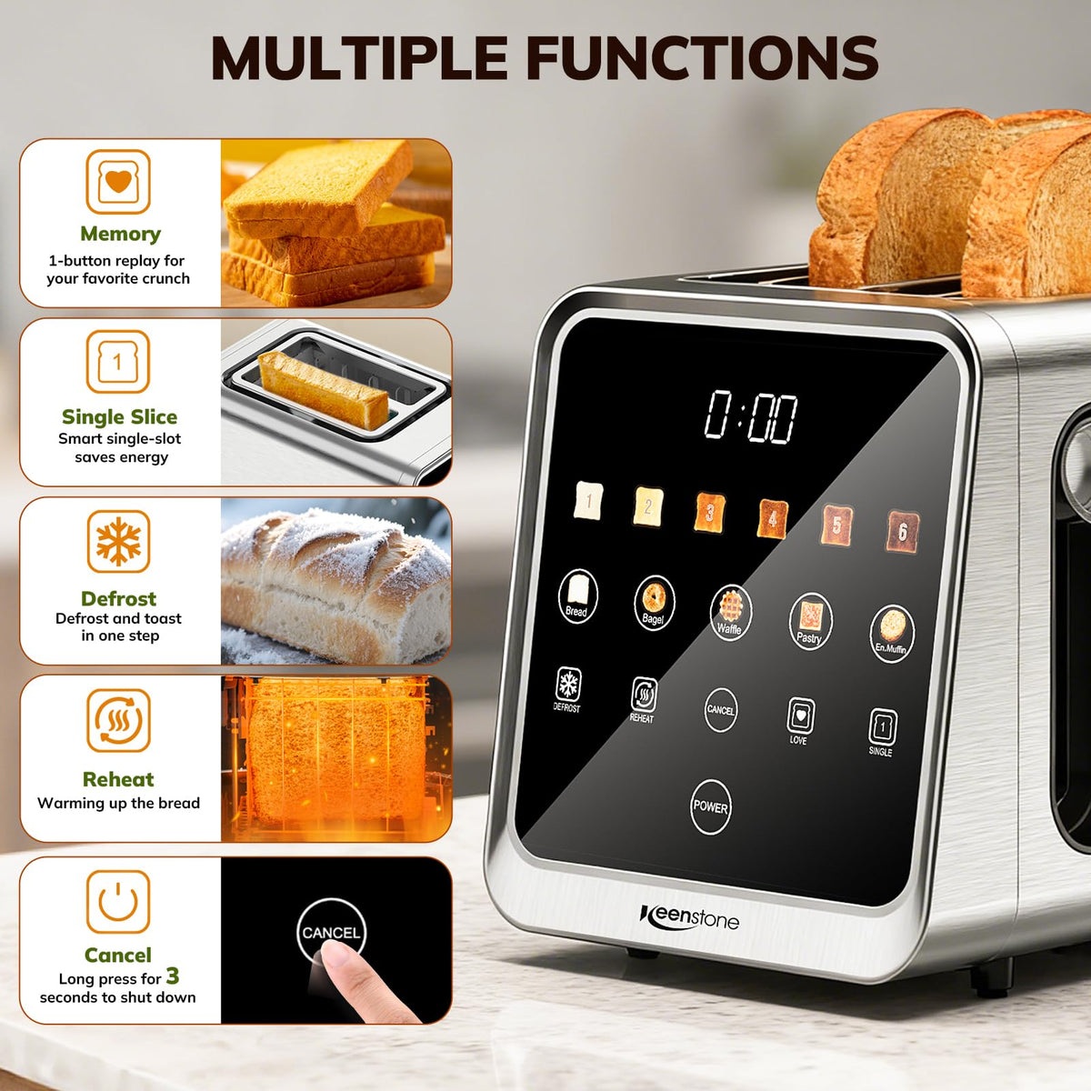 Keenstone Toaster defrost and reheat modes for frozen bread and pancakes
