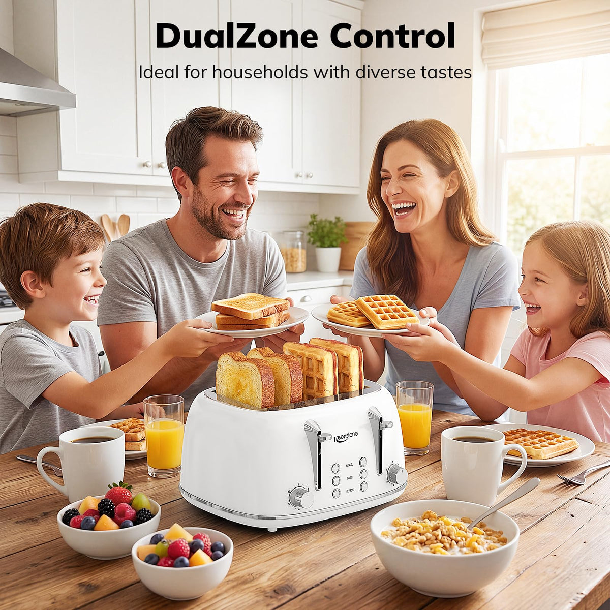 Keenstone toaster dual control zones toast different breads at once.