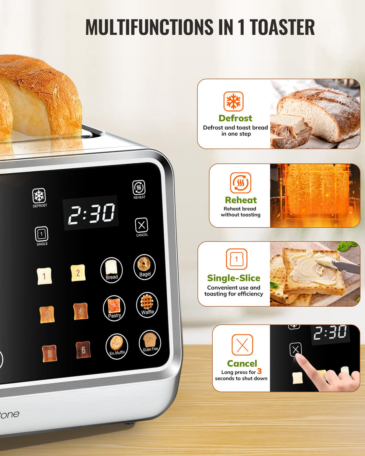 Keenstone toaster single-slice mode focuses heat on occupied slot for even toasting.
