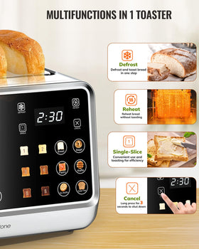 Keenstone toaster single-slice mode focuses heat on occupied slot for even toasting.