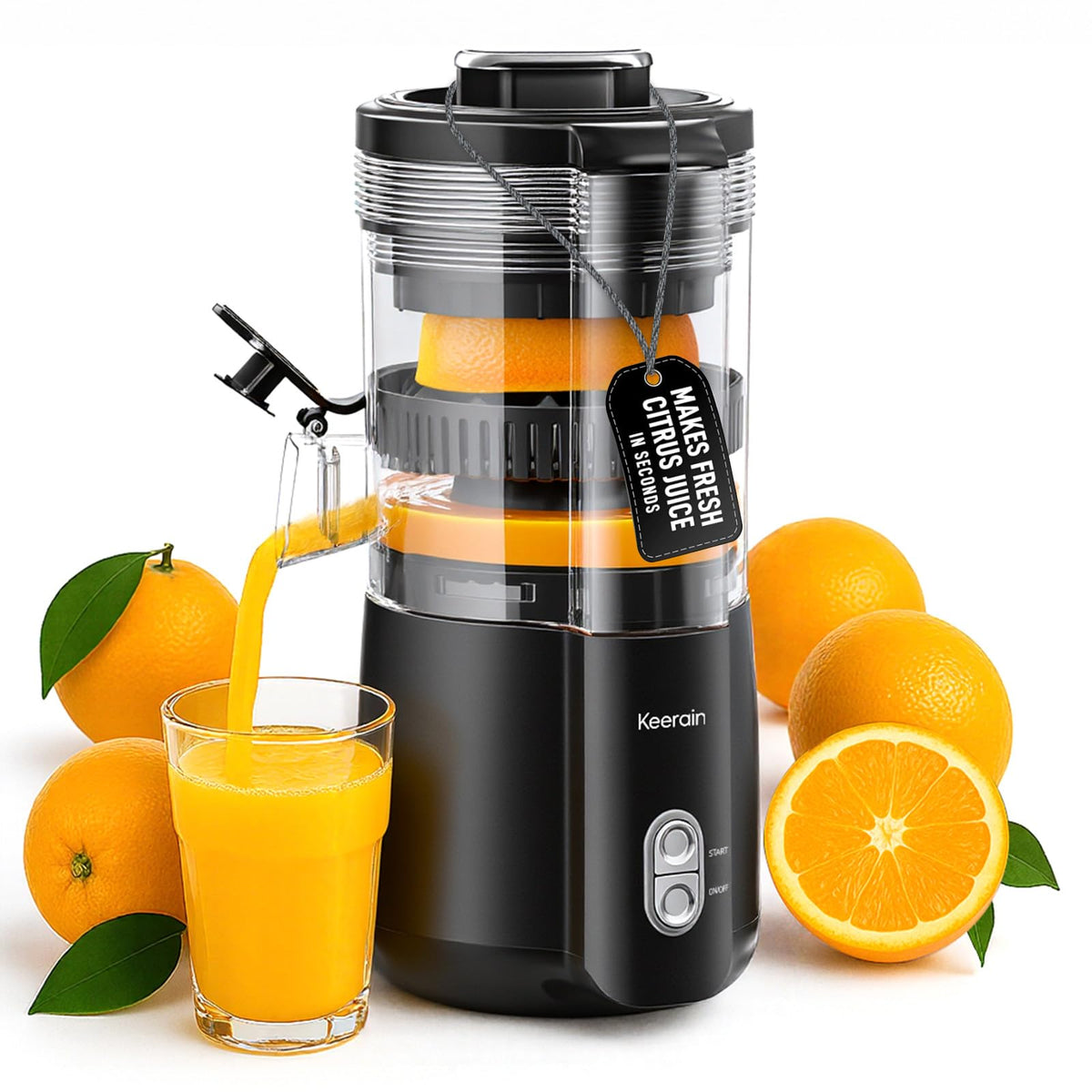 Keerain electric orange juicer front view, compact design for small kitchens.