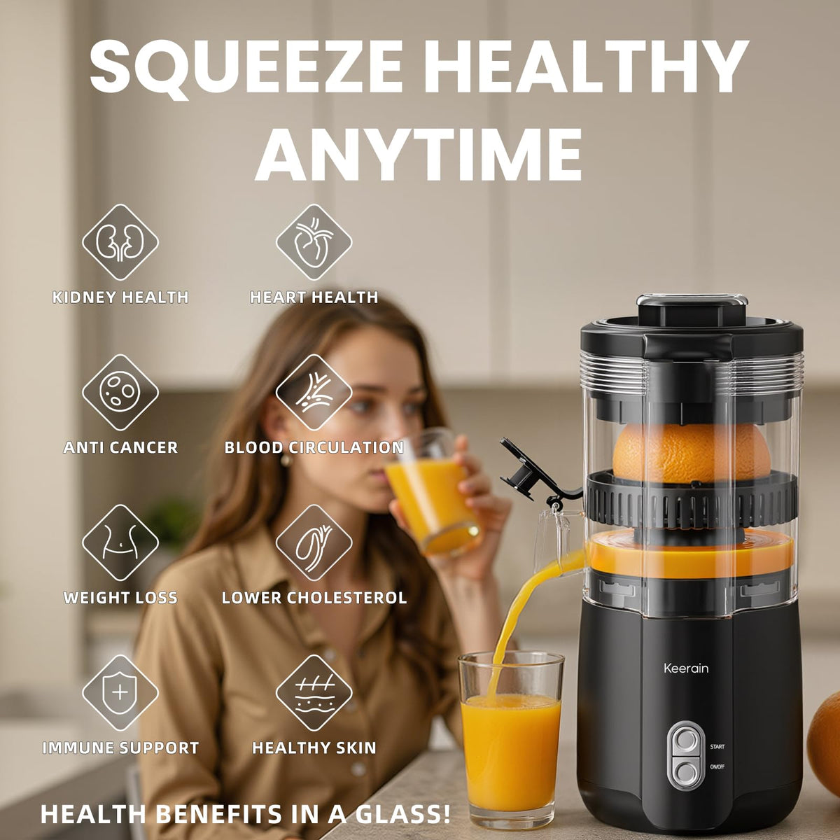 Keerain juicer in operation showing easy two-second setup and start button.