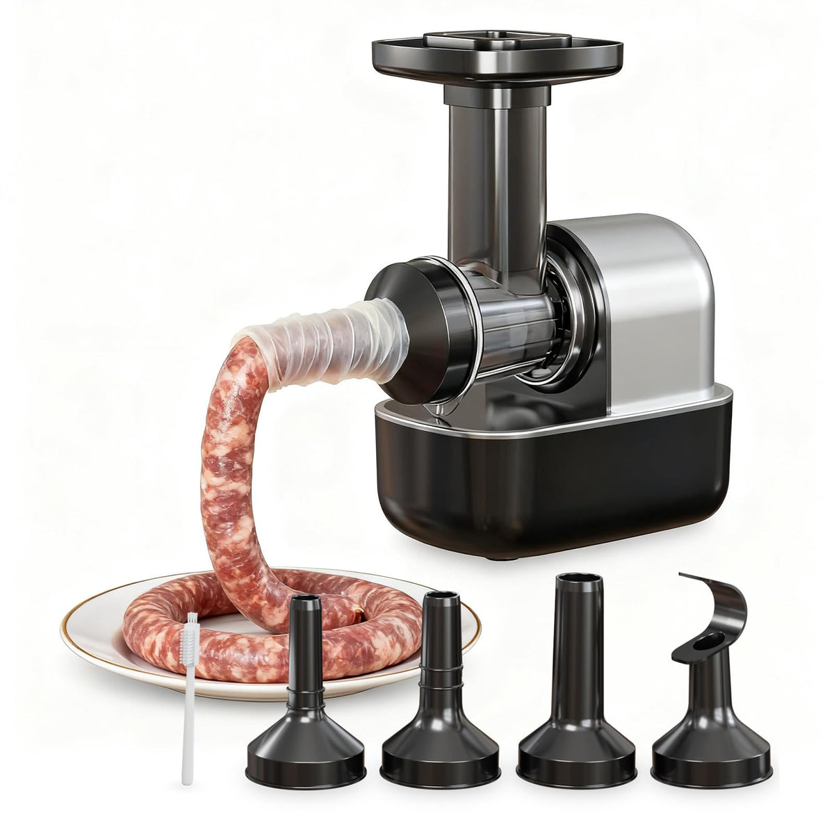 Keerain electric sausage stuffer feeding chute enables easy single-person operation.