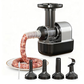 Keerain electric sausage stuffer feeding chute enables easy single-person operation.