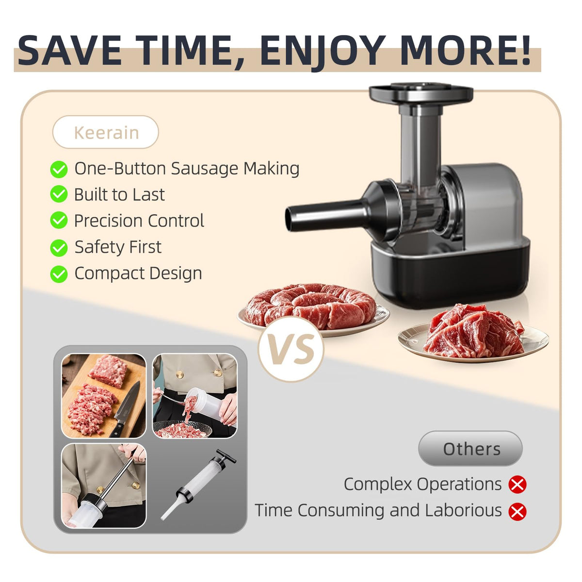 Keerain sausage stuffer meatball head shapes uniform meatballs.